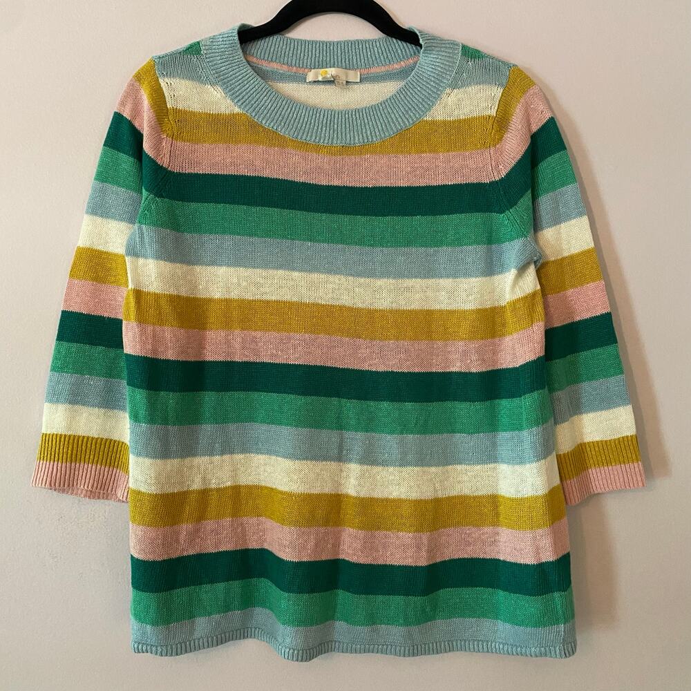Boden Blue Green Yellow Stripe Knit Linen Lightweight Sweater 3/4 Sleeves size 2